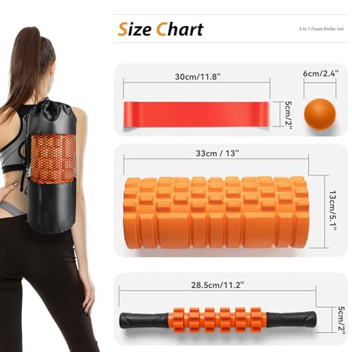 SUBCULTUREPICK 5 in1 Foam Roller Set, Trigger Point Foam Roller, Massage Roller Stick, Massage Ball, Resistance Band for Deep Muscle Massage Pilates Yoga,Fitness Exercise for Whole Body (Orange-Black)