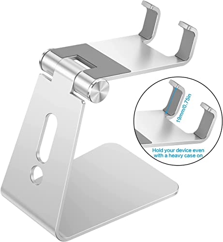 OMOTON Adjustable Aluminum Cell Phone Stand with Anti-Slip Base and Charging Port - Silver