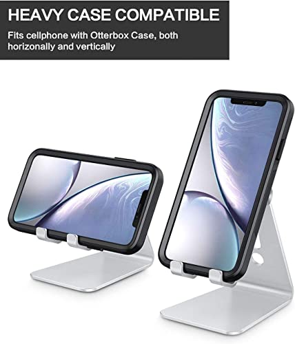 OMOTON Adjustable Aluminum Cell Phone Stand with Anti-Slip Base and Charging Port - Silver
