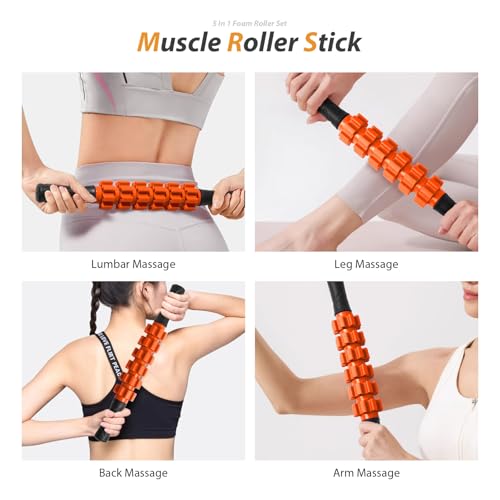 SUBCULTUREPICK 5 in1 Foam Roller Set, Trigger Point Foam Roller, Massage Roller Stick, Massage Ball, Resistance Band for Deep Muscle Massage Pilates Yoga,Fitness Exercise for Whole Body (Orange-Black)