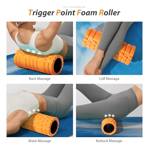 SUBCULTUREPICK 5 in1 Foam Roller Set, Trigger Point Foam Roller, Massage Roller Stick, Massage Ball, Resistance Band for Deep Muscle Massage Pilates Yoga,Fitness Exercise for Whole Body (Orange-Black)