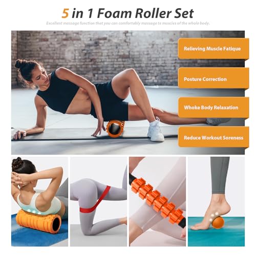 SUBCULTUREPICK 5 in1 Foam Roller Set, Trigger Point Foam Roller, Massage Roller Stick, Massage Ball, Resistance Band for Deep Muscle Massage Pilates Yoga,Fitness Exercise for Whole Body (Orange-Black)