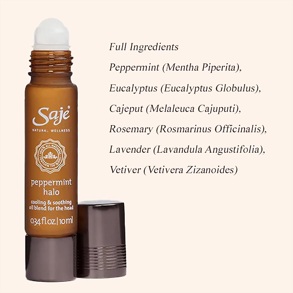Saje Peppermint Halo Roll on Essential Oils for Skin, Aromatherapy Oils, Therapeutic Grade Pure Essential Oils, Plant Therapy Breathe Essential Oil Blend, 100% Natural (0.34 fl oz)