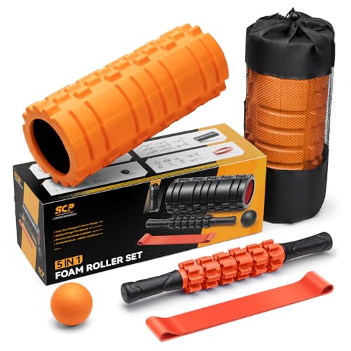 SUBCULTUREPICK 5 in1 Foam Roller Set, Trigger Point Foam Roller, Massage Roller Stick, Massage Ball, Resistance Band for Deep Muscle Massage Pilates Yoga,Fitness Exercise for Whole Body (Orange-Black)