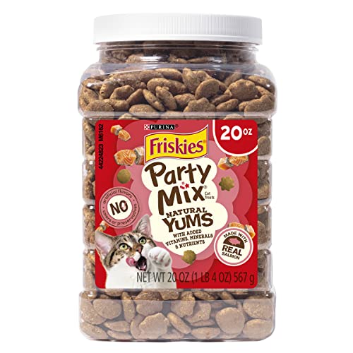 Purina Friskies Natural Cat Treats Party Mix Natural Yums With Real Salmon and Added Vitamins, Minerals, and Nutrients - 20 oz. Canister