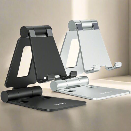 Nulaxy 2 Pack Dual Folding Cell Phone Stand - Adjustable Desktop Holder (Black & Silver)
