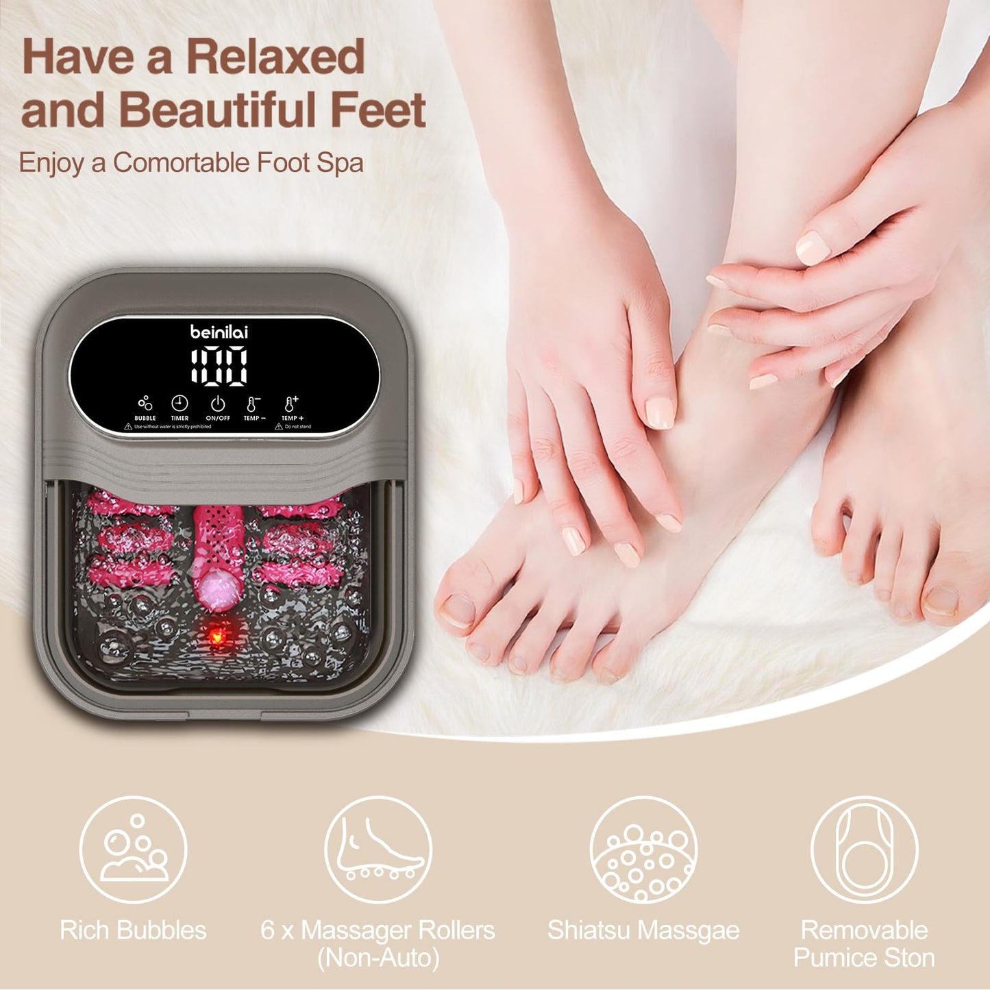 Beinilai XL Collapsible Foot Spa Bath - Touch Screen, Heat & Bubble Massage