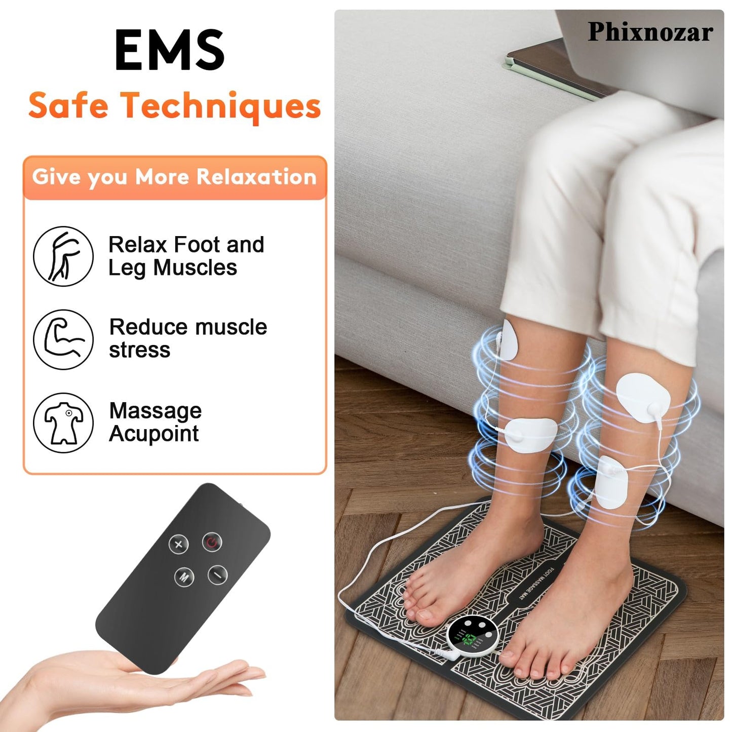 Phixnozar EMS Foot Massager TENS(Model:KTR-2493) for Muscle Relaxation,LCD Display Screen,Back Massager & Legs Massager Pad with Remote Control