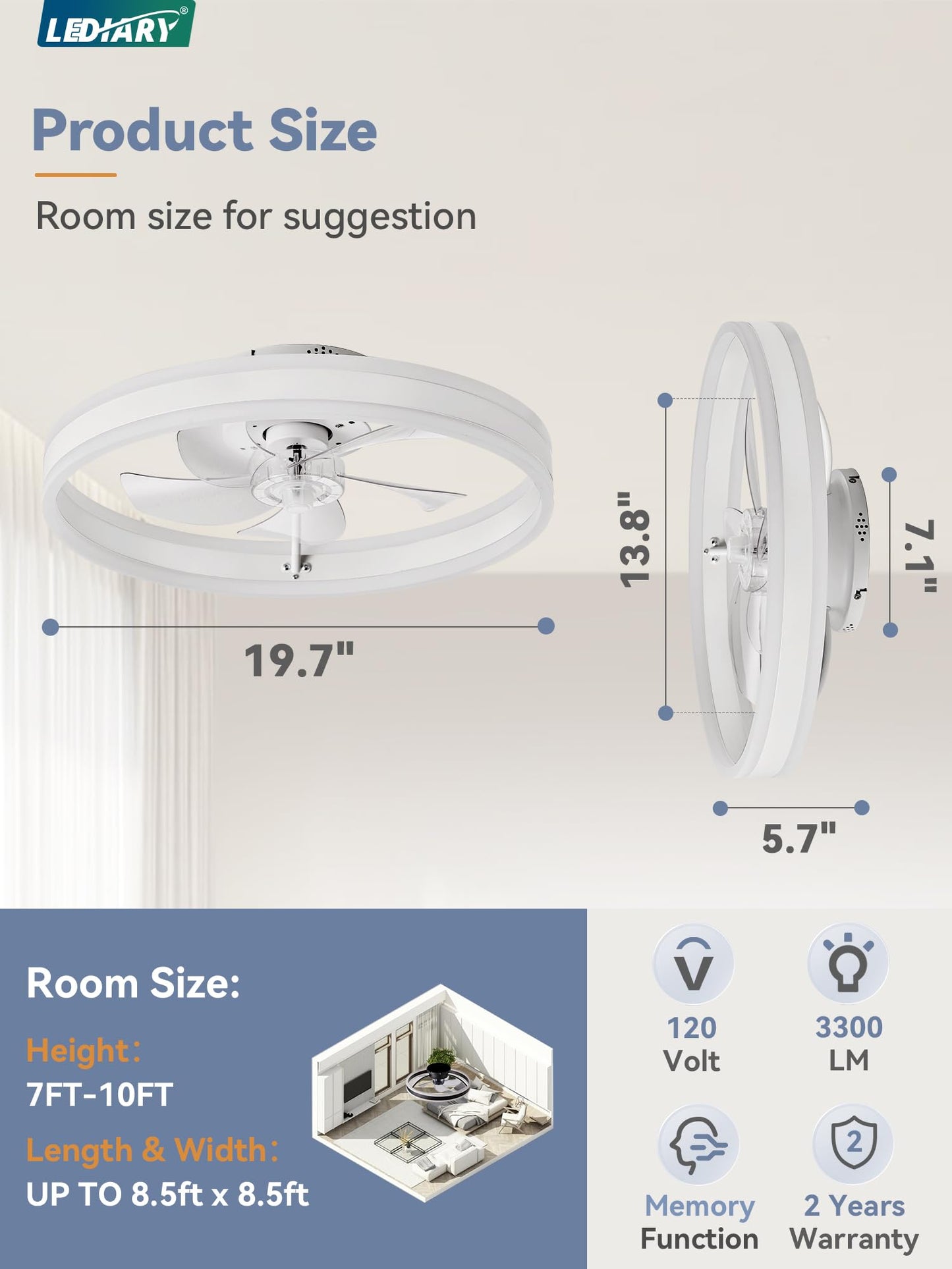 LEDIARY Low Profile Ceiling Remote Control Fans with Lights