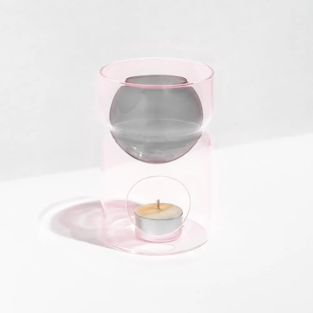 Oil Burner with Tea Light Candle Pink Glass Diffuser